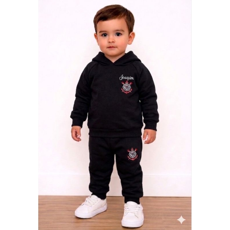 Conjunto de moletom bebês e crianças personalizado com time estampado e nome bordado