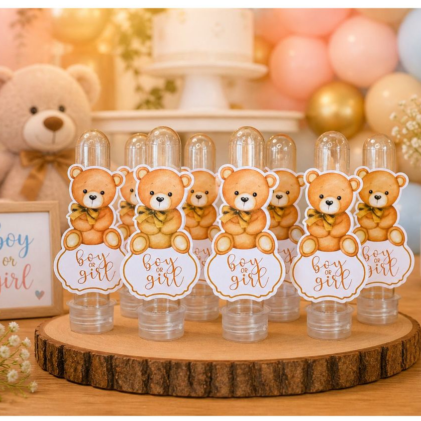 Apliques para Tubetes Chá Revelação - Ursinho dourado Bege - Festa infantil - Lembrancinhas personalizadas - cha de bebê