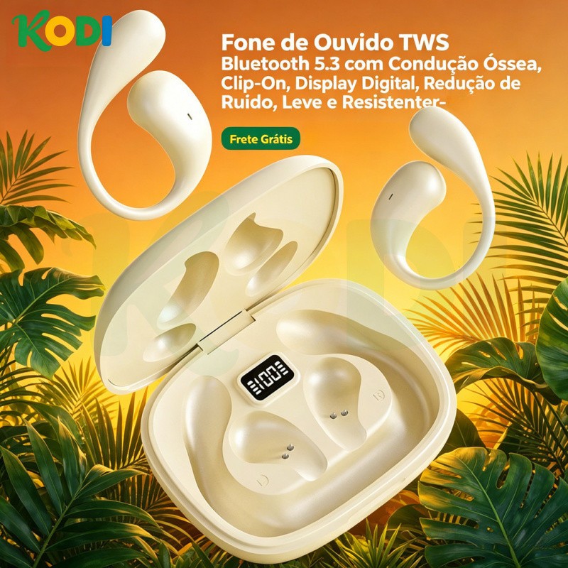 Fone de Ouvido TWS Bluetooth 5.3 com Condução Óssea, Clip-On, Display Digital, Redução de Ruído, Leve e Resistente-B8