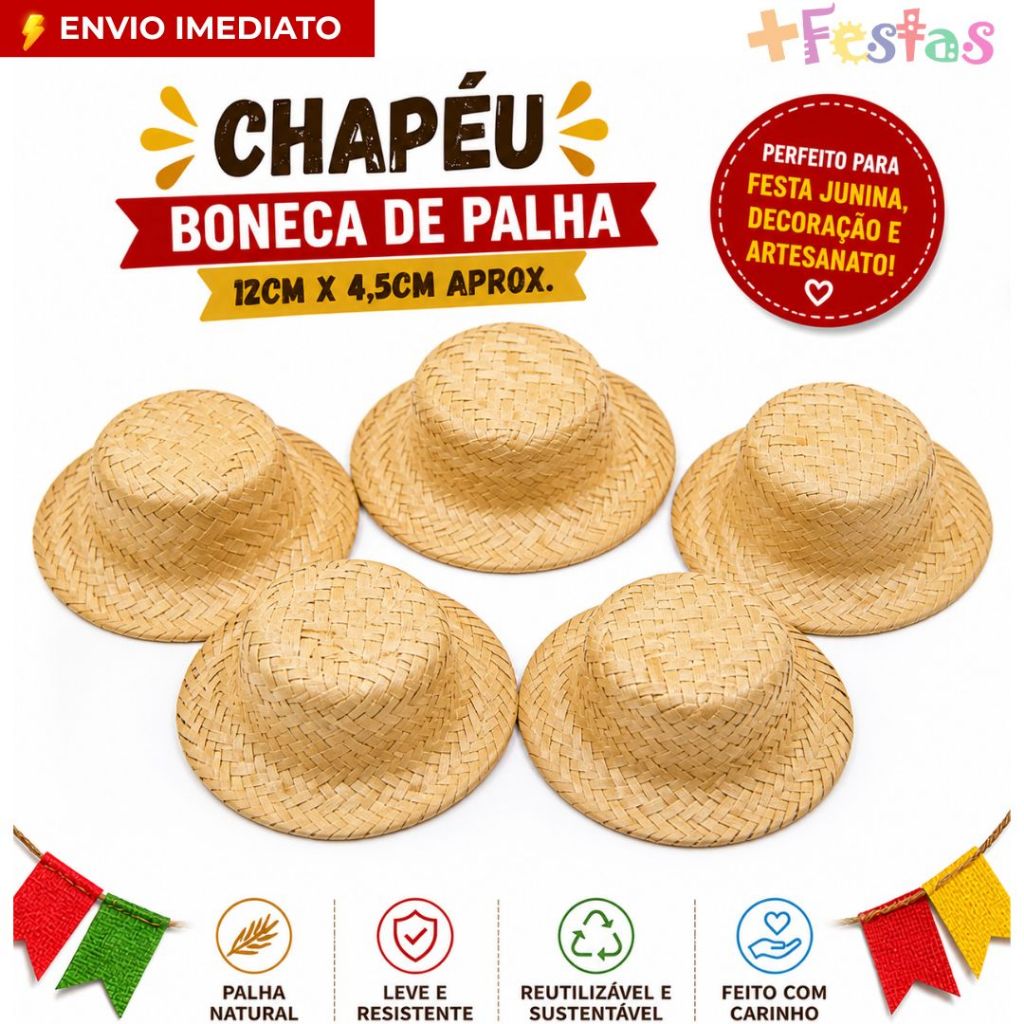 Kit 2/4/6/8/10 Chapéu De Palha Boneca Enfeite Lembrancinha Artesanato Festa Junina 12cm