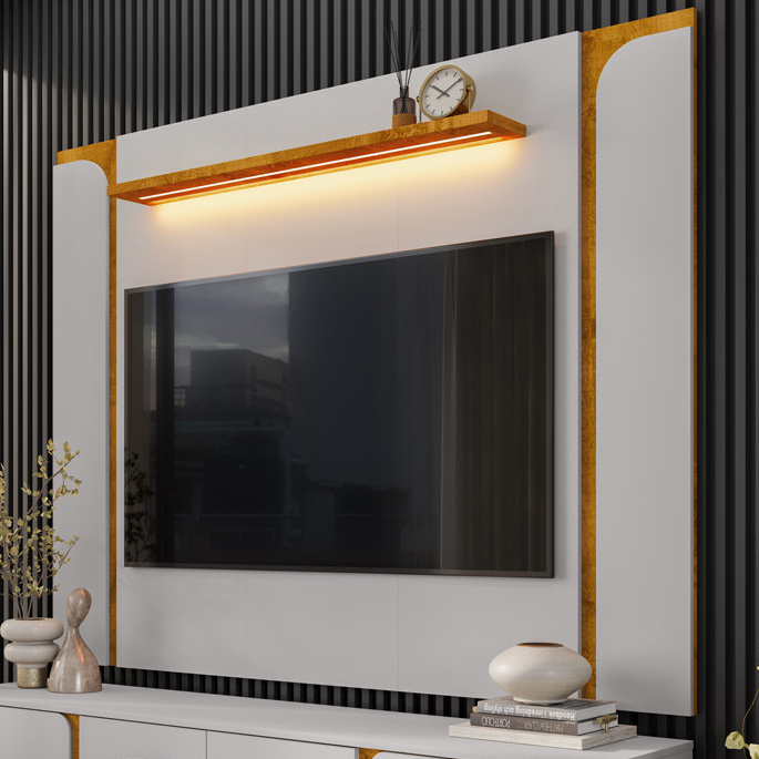 Painel Para TV 75 Pol Com LED 180cm Maresca B02 Off White Naturalle - Lyam Decor