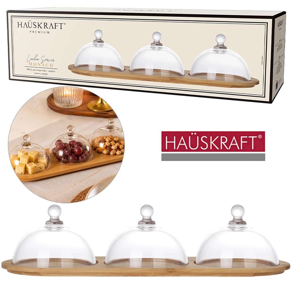 BANDEJA MINI PETISQUEIRA DE BAMBU OVAL TRIPLA + TAMPA DE VIDRO CRISTAL LINHA SERVIR MONACO HAUSKRAFT
