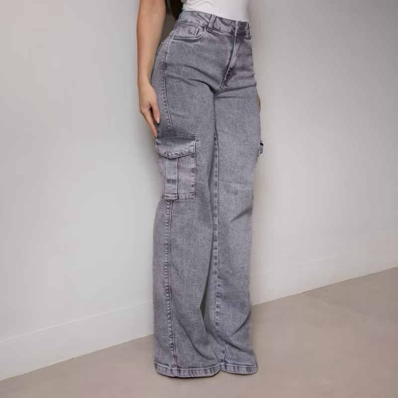 Calça Cargo Feminina Jeans Wide Leg Cintura Alta Modeladora Grafite/Preto Premium Tendência 2025