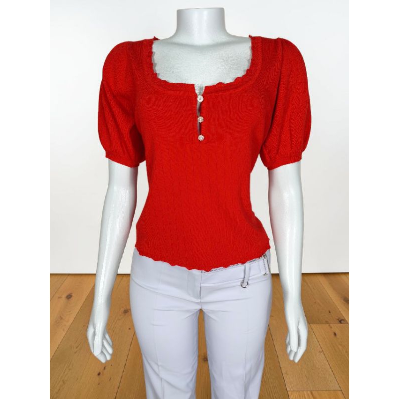 blusa em tricô tricot manga bufante renner detalhe em pérola natal Tam G