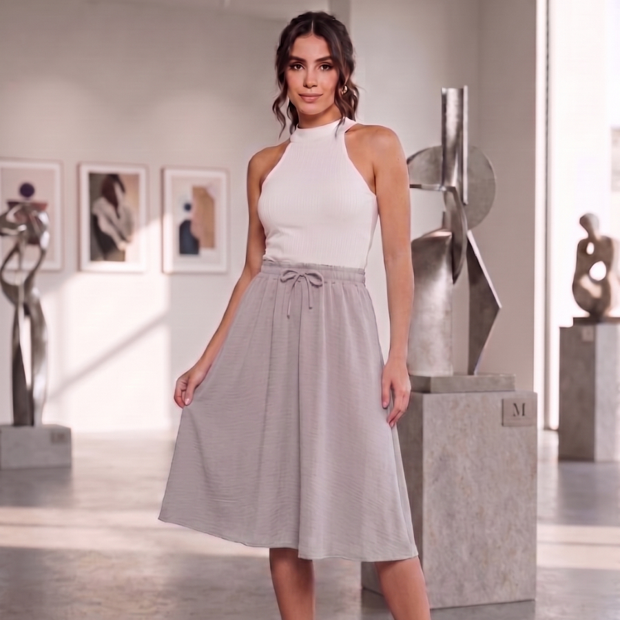 Saia Midi Feminina Evasê com Amarração e Elástico na Cintura Confortavel, casual do M Ao GG