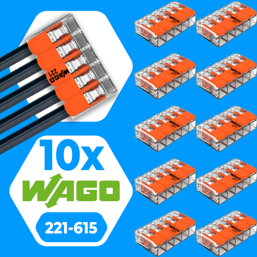 Conector de Fio Elétrico Wago 221-615 Conector Wago Emenda 6mm 41A Conexão Automática Kit 10 Peças