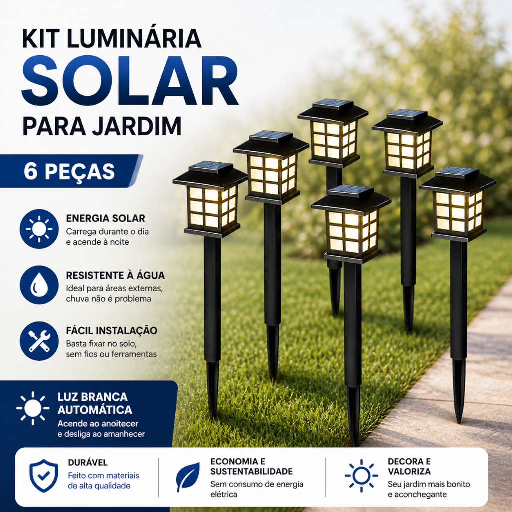 Kit 6 Luminaria Solar Espeto Led Chão Decoração Jardim Quintal Luz Frio