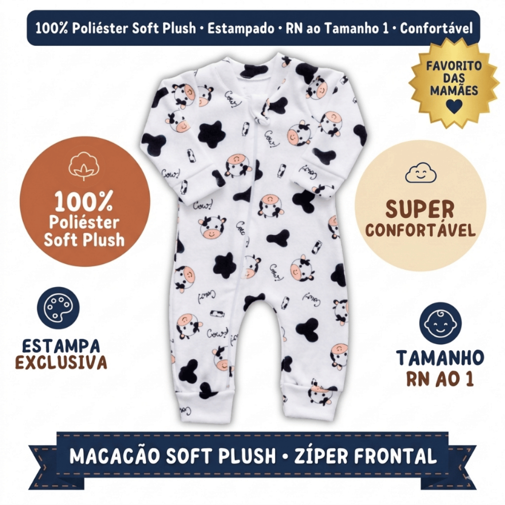 Macacão Bebê Soft Plush Estampado com Zíper Frontal Quentinho Inverno Antialérgico RN ao Tamanho 1