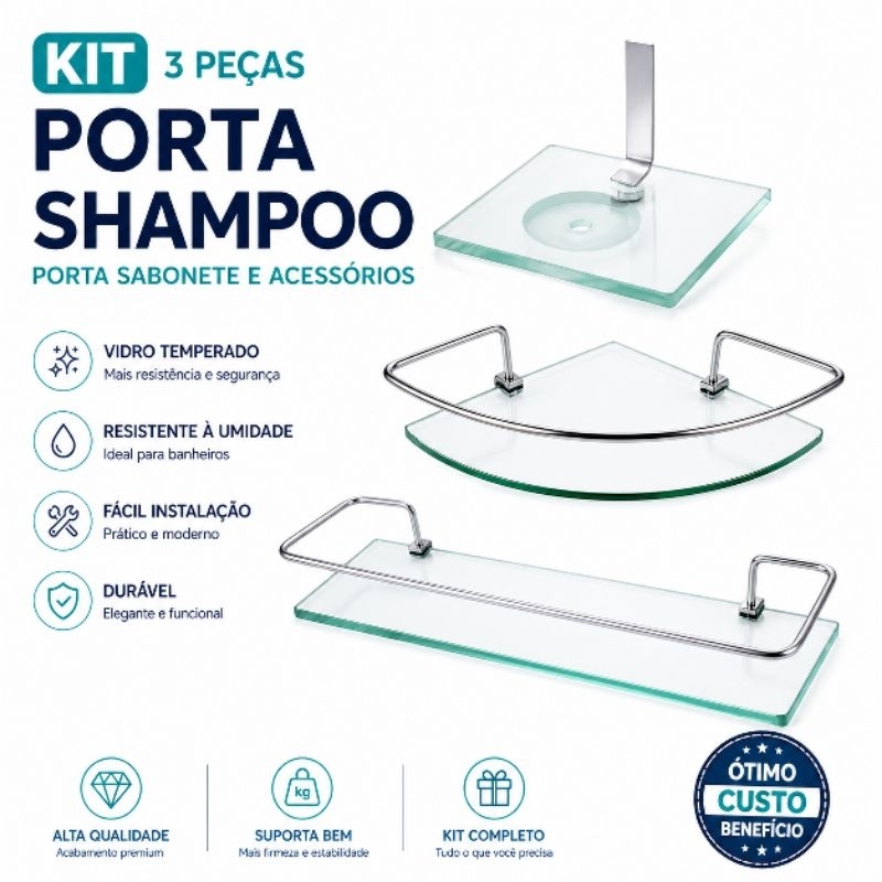 Kit  2 Porta Shampoo Reto e Canto  Porta Saboneteira De Vidro temperado Luxo