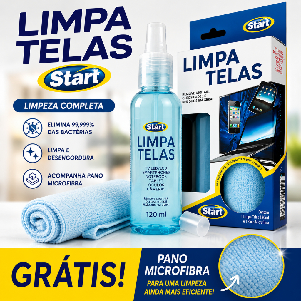 Limpa Telas Start 120ml com Pano Microfibra Limpeza Completa TV Notebook Celular Tablet LCD LED