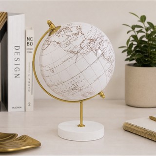 Globo Terrestre Branco 22cm MDF Giratório 360º Dourado Decoração Mesa Sala Escritório Luxo Moderno