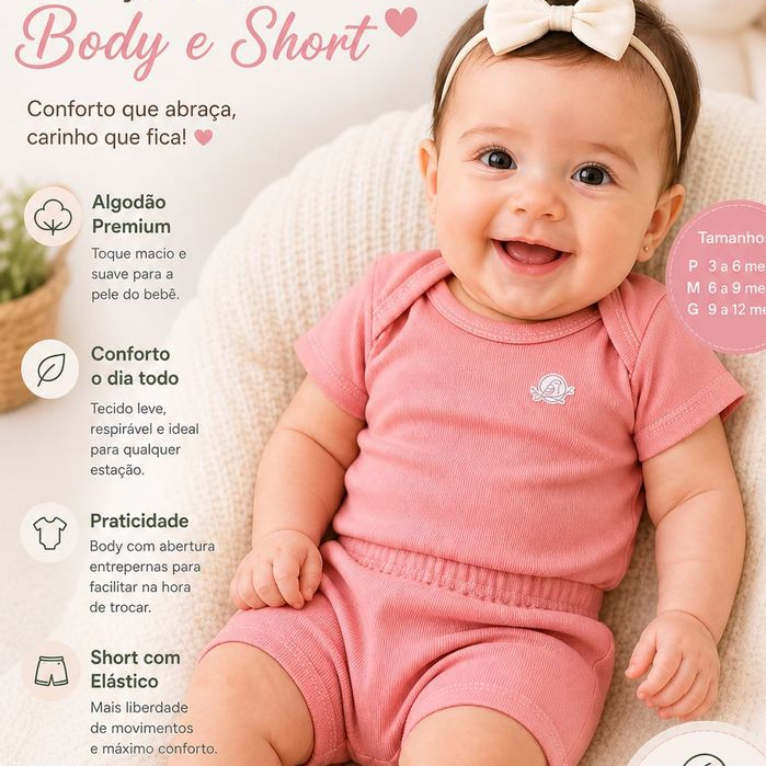 Kit Precinho Body Manga Curta & Bermuda Conjunto Presente Barato Malha Canelada Premium Bebês