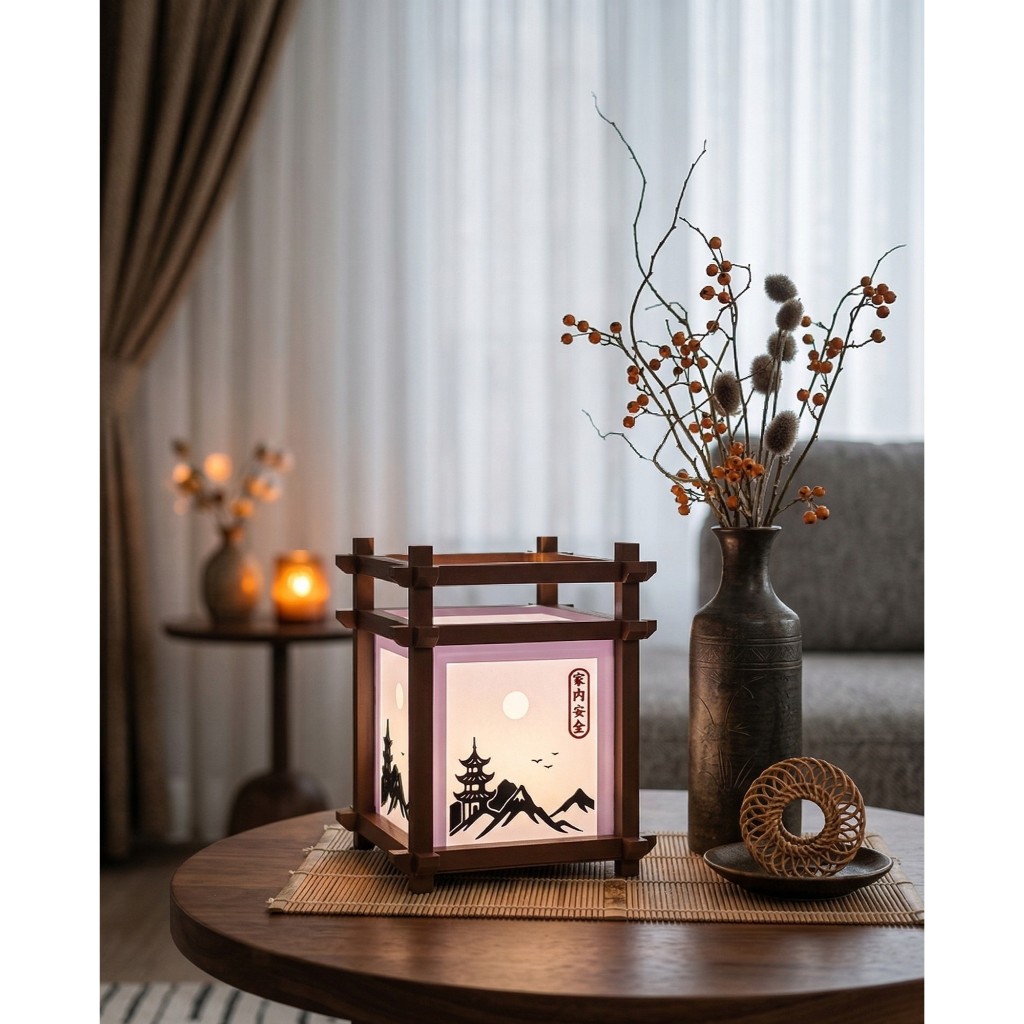Imagem Luminária Japonesa Abajur de Mesa Paisagem Zen | Decoração Quarto Sala Luz Quente Aconchegante USB