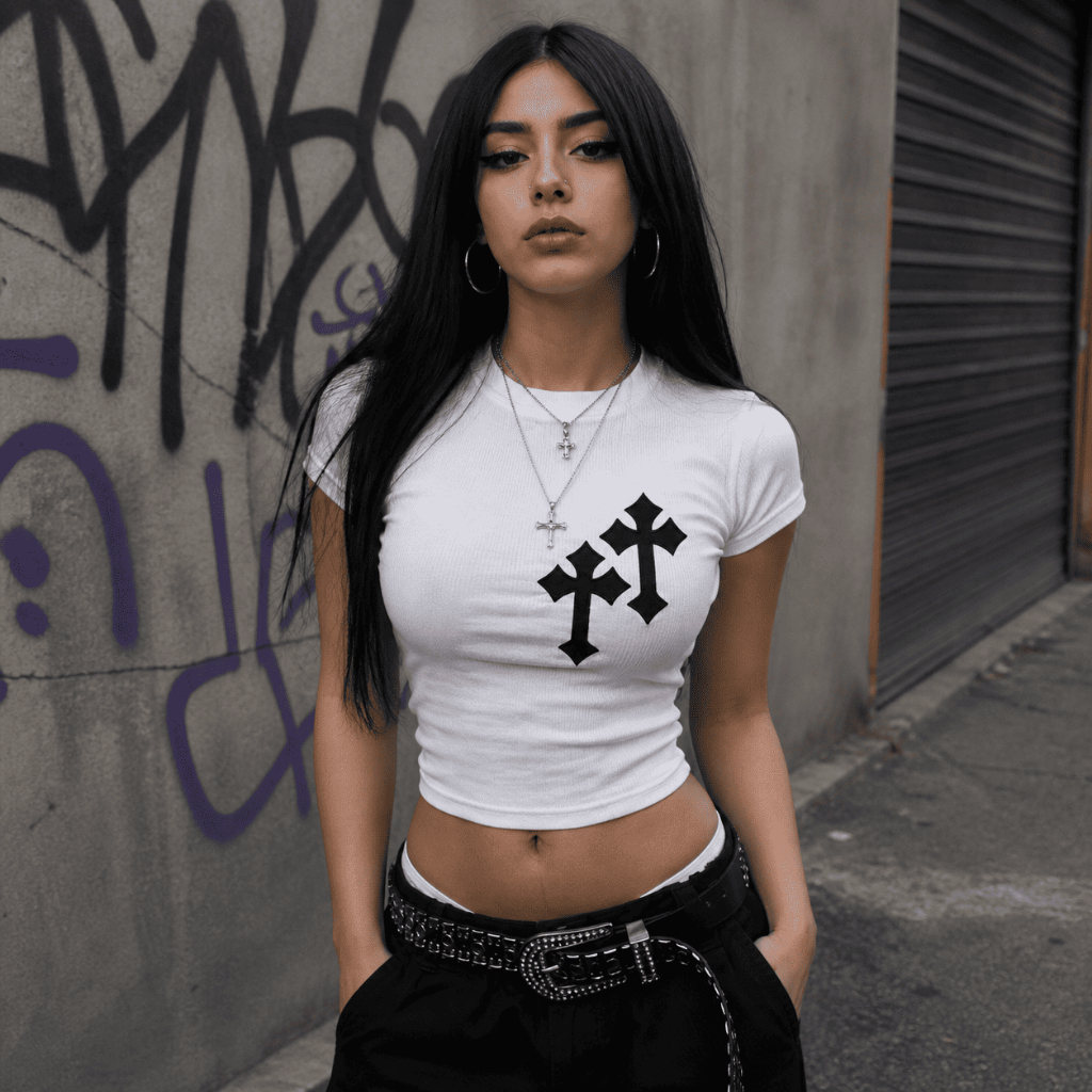 Camiseta Feminina Baby Look Estampada Cruz Gótico Dark  Streetwear Confortável Algodão