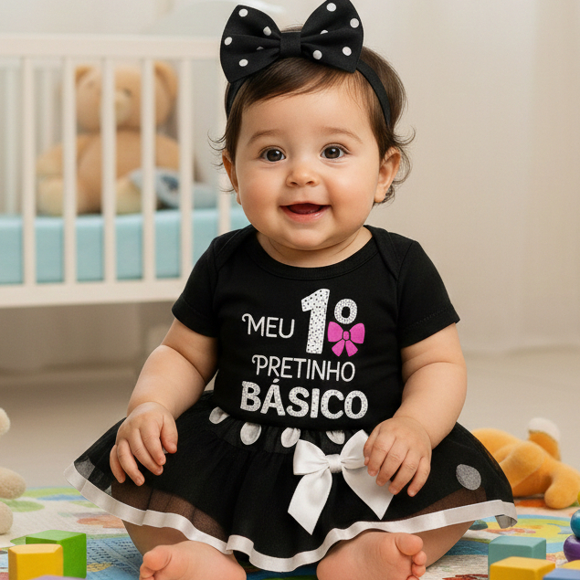 Body Bebê Infantil Preto Menina Mêsversário Vestidinho Temático Meu 1º Pretinho Básico Super Confortável