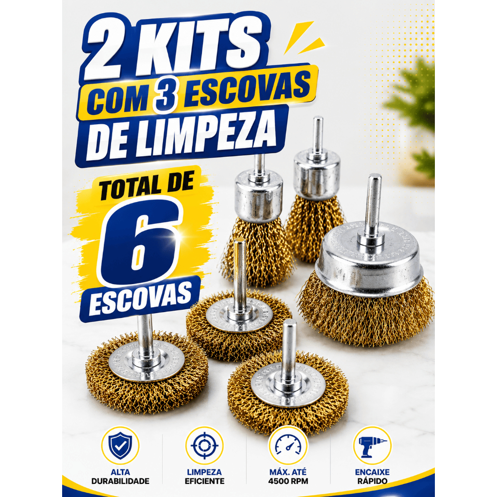 Kit 6 Escovas de Aço Limpeza Pesada Ferrugem Rotativas para Furadeira e Parafusadeira