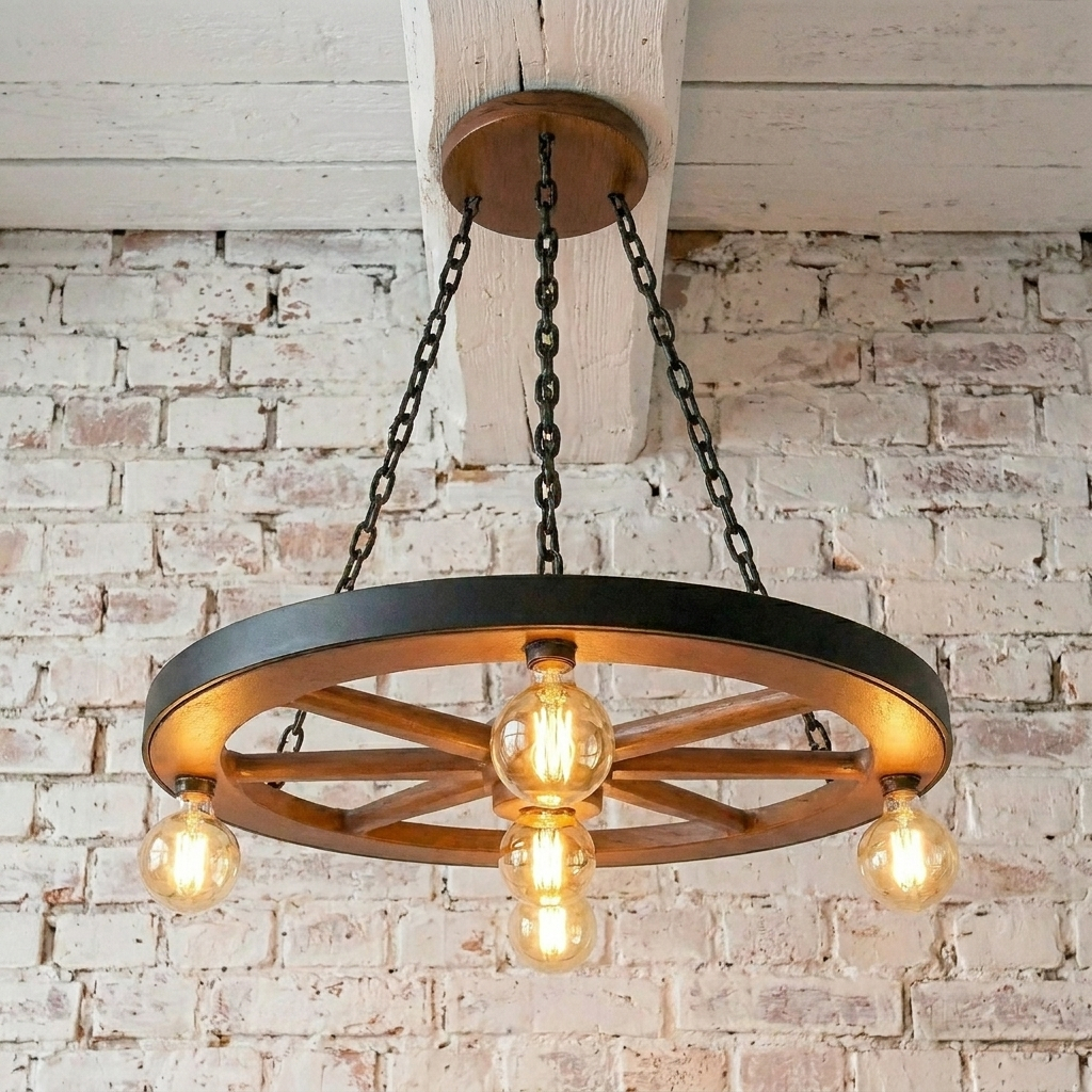 Lustre Roda de Carroça Rustica Decoração Industrial Restaurante Sitio Pendente 5 Bocais E-27