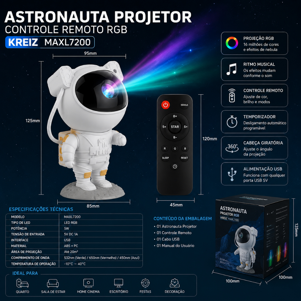 Luminária Projetor Astronauta Galáxia Estrelada C/Bluetooth 360° – Transforme Seu Espaço em um Universo Mágico!