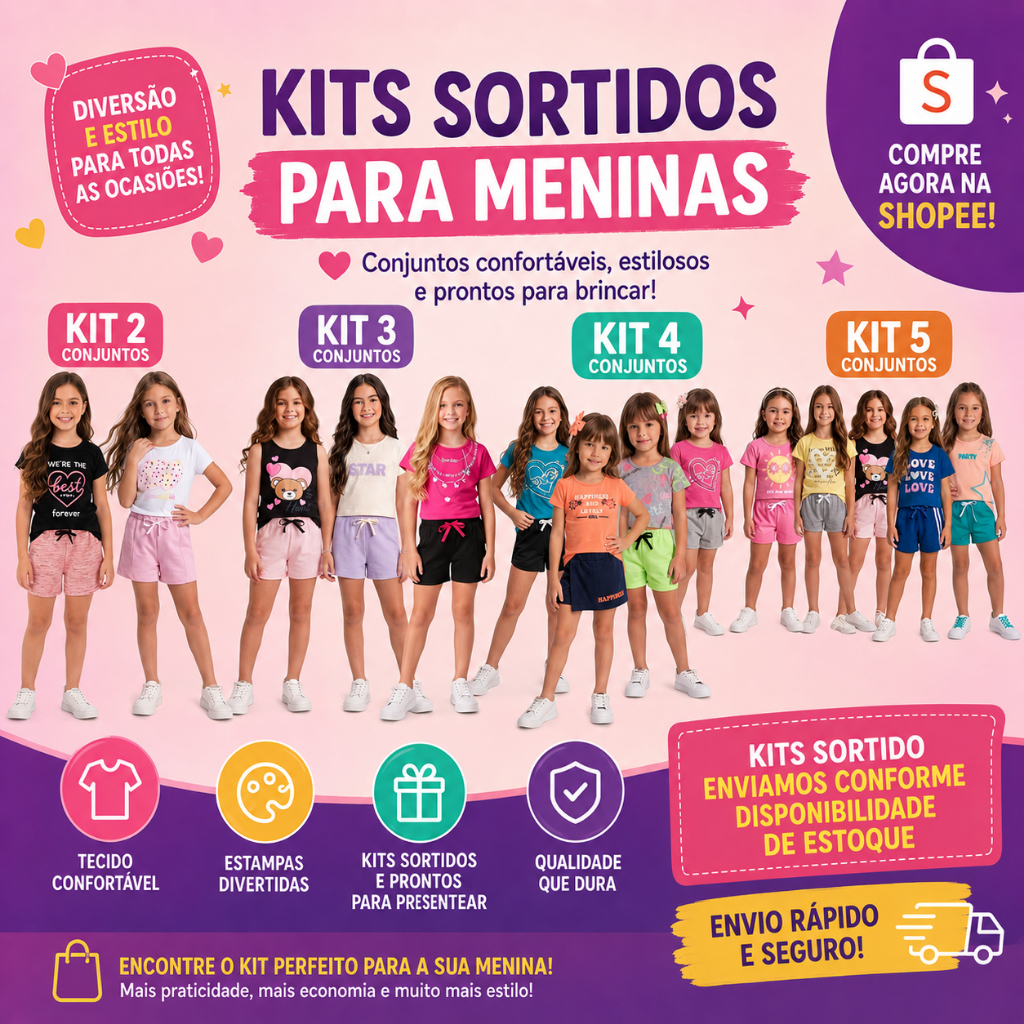 Kit Sortido Infantil Menina 2, 3, 4, e 5 Conjuntos Verão -  Conjuntos Femininos Sortidos  Moda Menina Promoção