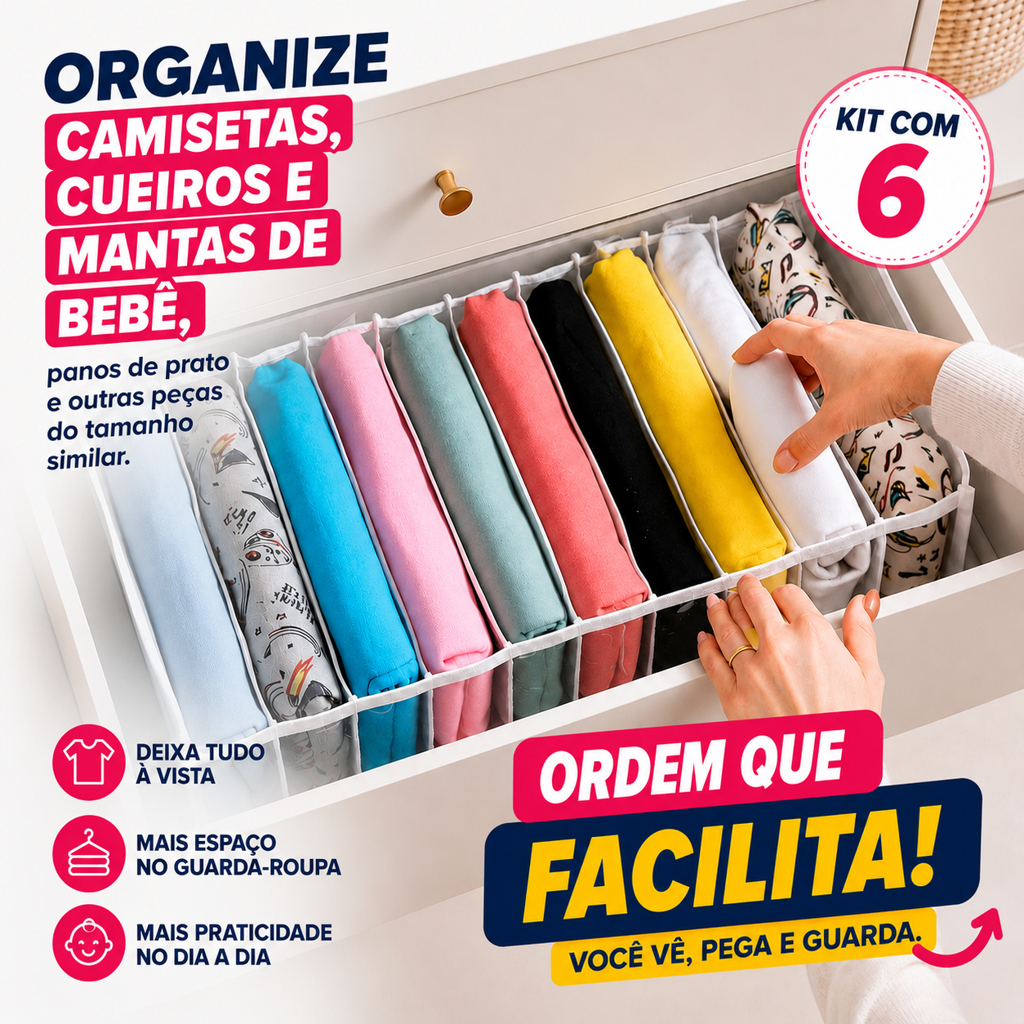 Kit 6 colmeia Organizadora de camisetas (G) 10x25x35cm Branco - Organizalux