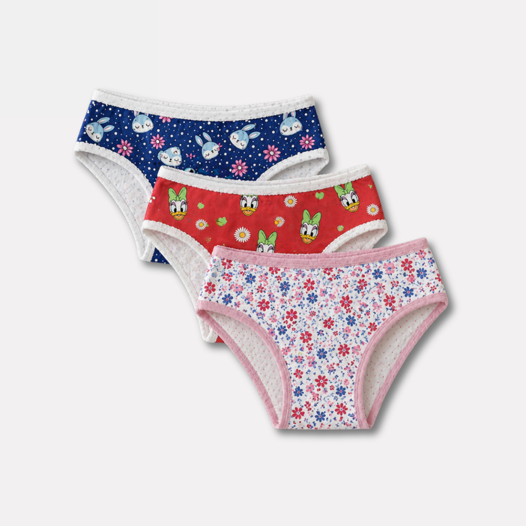 Kit 3 Calcinhas Infantil Meninas Modelo Tanga Básica Estampas Sortidas Com Forro de 100% Algodão