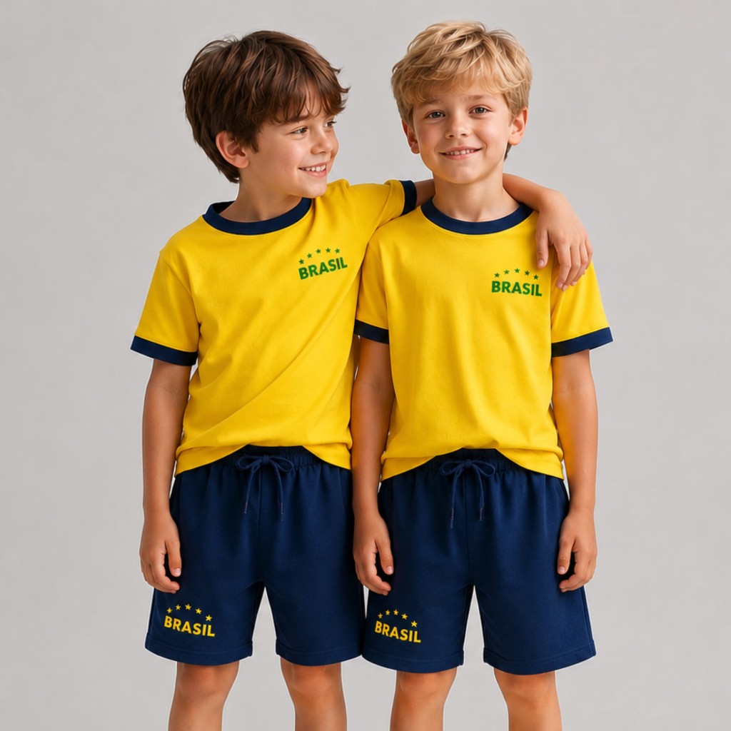 Conjunto Infantil Brasil Futebol Menino Camiseta e Bermuda Seleção Brasileira Copa 1 ao 14 anos