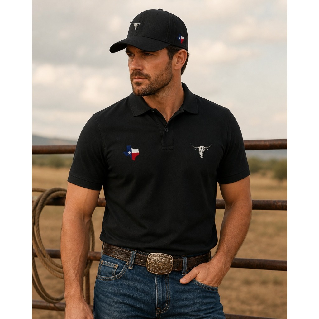 Camiseta Gola Polo Estilo Country Texas Boi Cowboy Agro C/ Boné