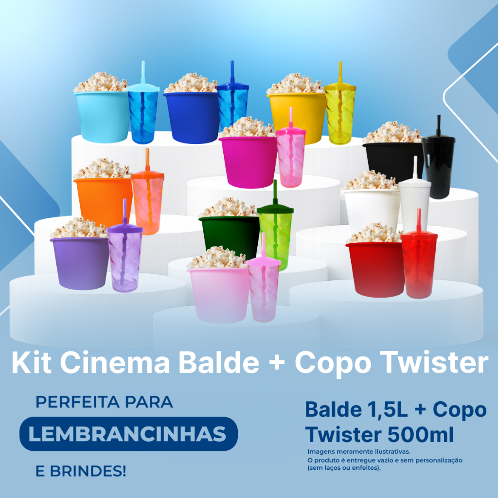 Kit Cinema 10 Balde 1,5L Pipoca + 10 Copo Twister 500ml Colorido