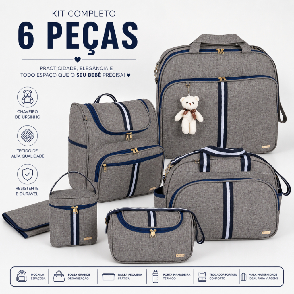 Kit Bolsa Maternidade 6 Peças com Mochila 2 em 1+ Trocador e Porta Mamadeira Térmico AMOR