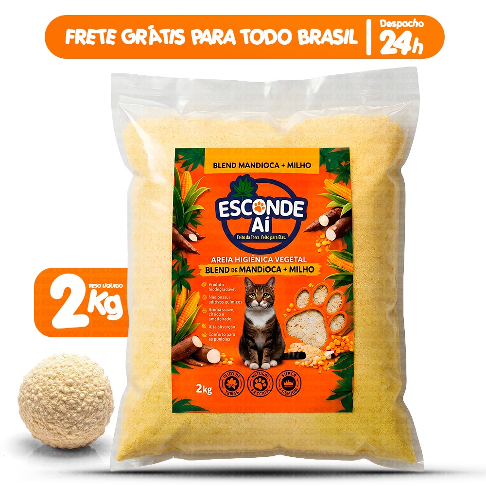 Areia Higiênica Esconde Aí Milho e Mandioca Granulado Sanitário Forma Torrões Firmes Zero Odor 2KG a 10KG