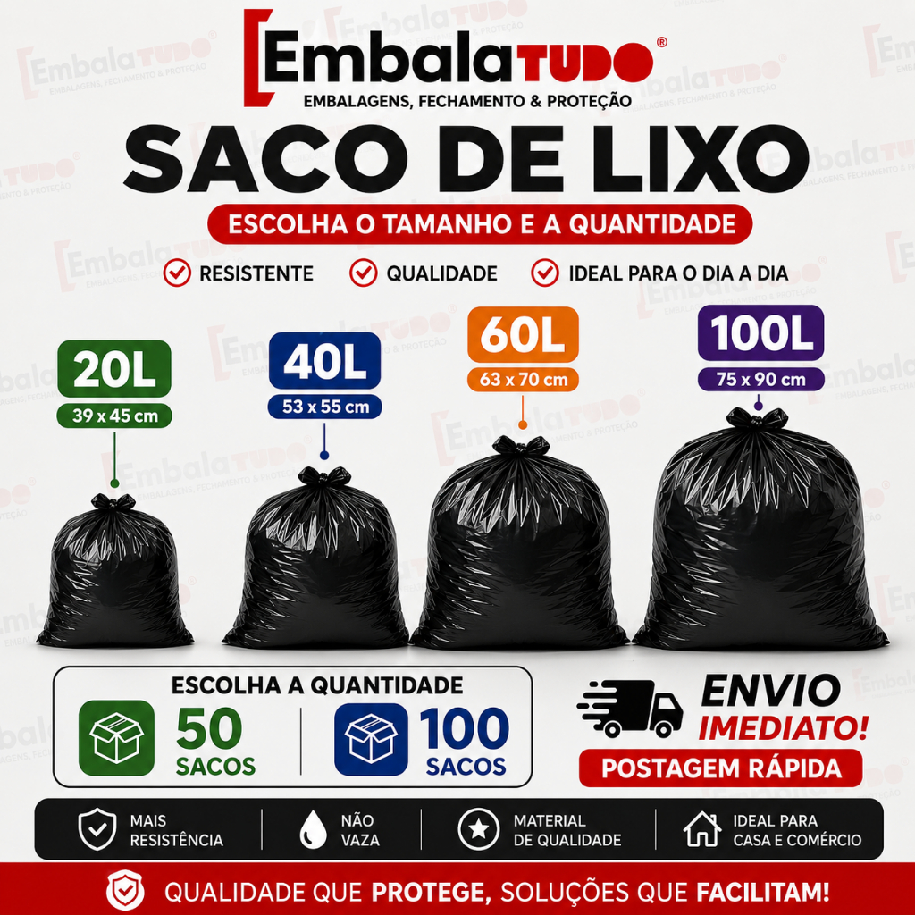 Saco de Lixo Preto 100L - 60L - 40L - 20L Litros Resistente Vários tamanhos Direto da Fábrica