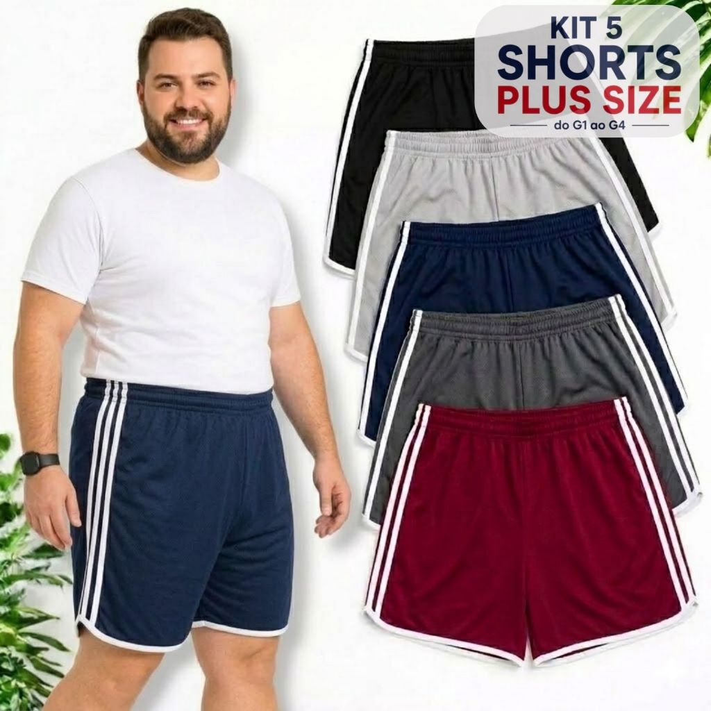 Kit 5 Shorts Masculino Plus Size Esporte Academia G1 Ao G4 Tamanho Grande Bermuda com Listra na lateral e elástico