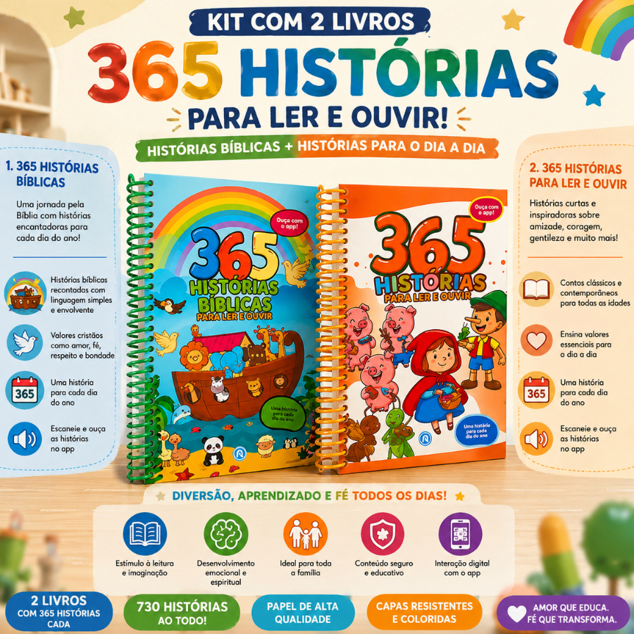 Kit 2 Livros 365 Bíblicas + 365 Contos QR Code para Ler e Ouvir Espiral Educação Cristã para Criança