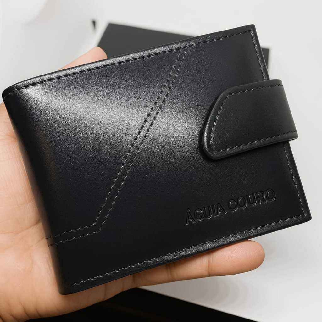 Carteira Masculina Águia Couro Legítimo Porta CNH Cartões e Moedas Compacta Com Fecho Preta