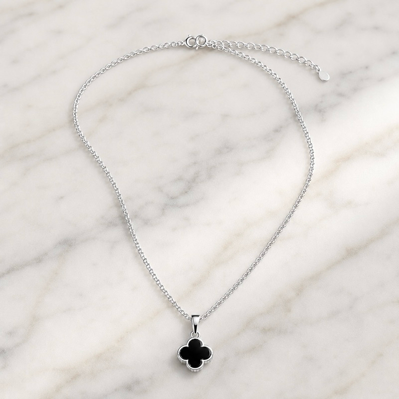 Colar Cordão Feminino Elo Português Cor Prata 925 2mm + Pingente trevo preto — imagem 2 de 2