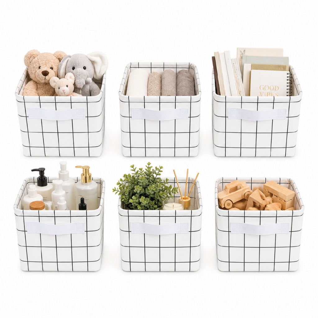 Kit 6 Caixa Organizadora Dobrável Linho Branco Nicho Closet Roupa Brinquedo Multiuso