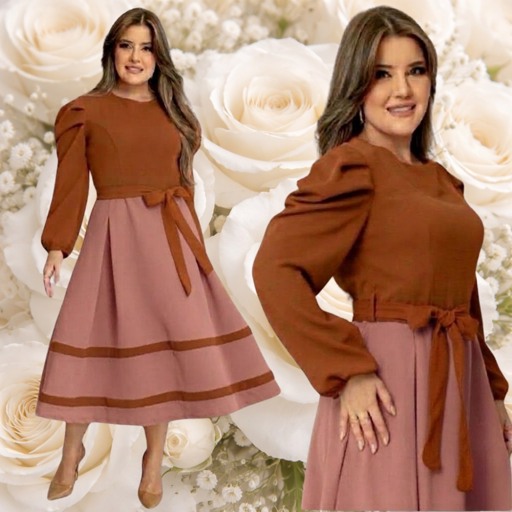 Vestido Midi Rodado Laço Saia Midi Listras Manga Estilosa Longa Moda Evangélica Plus Size Bicolor