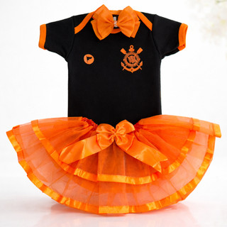 Kit Body Mesversário Corinthians Menina Laranja e Preto com Tule de Luxo & Laço