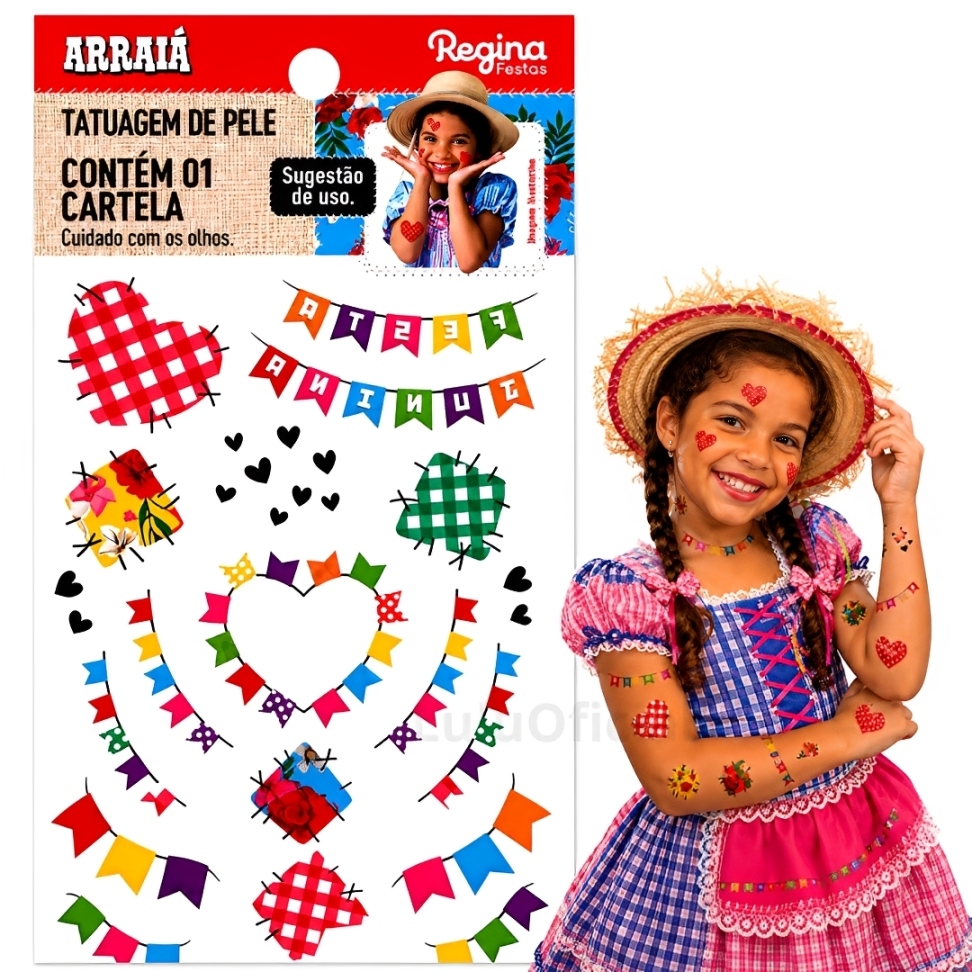 Tatuagem Temporária para pele - Festa Junina Infantil Menina Arraiá São João 1 Cartela Tattoos