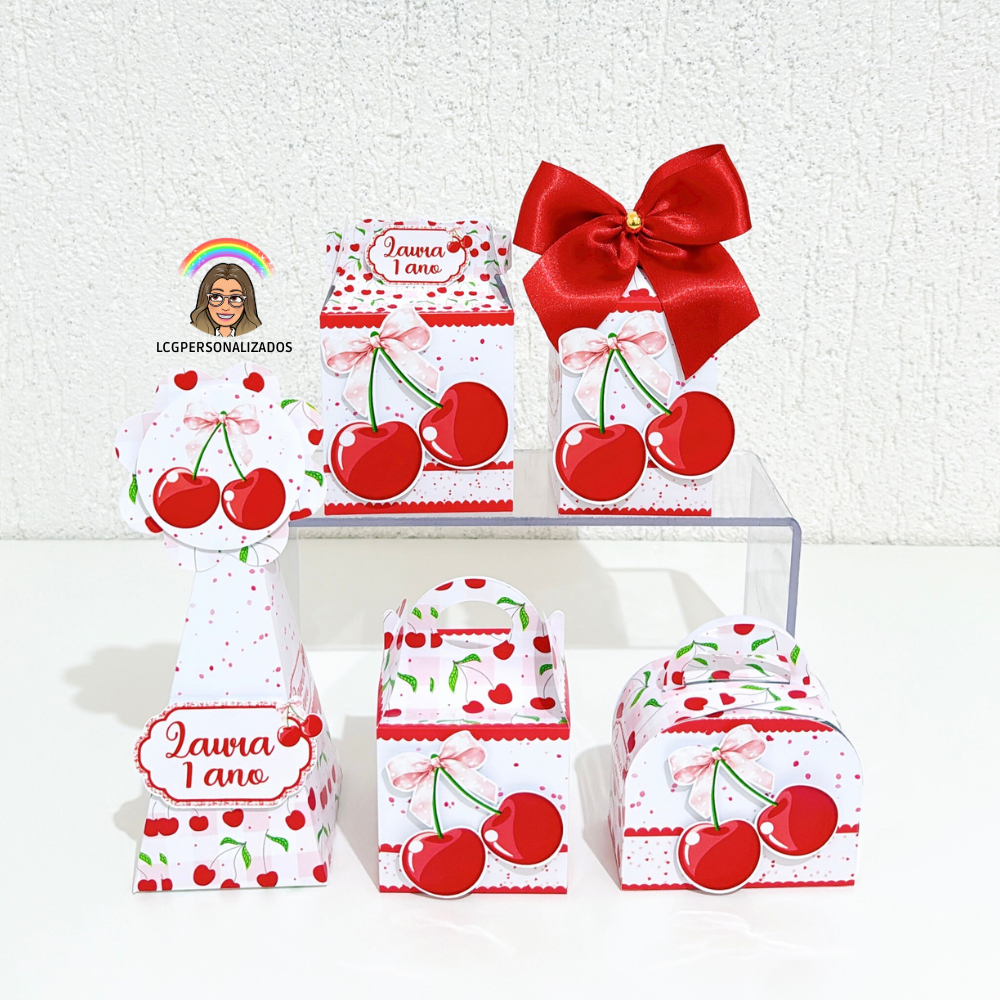 Kit Caixas Personalizadas Cereja | Personalizados Festa Infantil Luxo 3D | Lembrancinhas Cerejinha