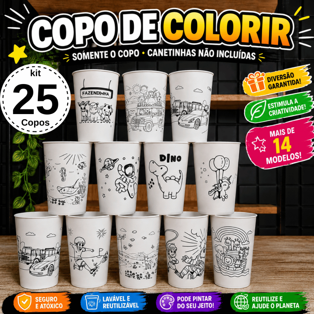 Copo Lembrancinhas de Aniversário Infantil Kit 25 Copos Para Colorir Lembrança Divertida P/ Crianças