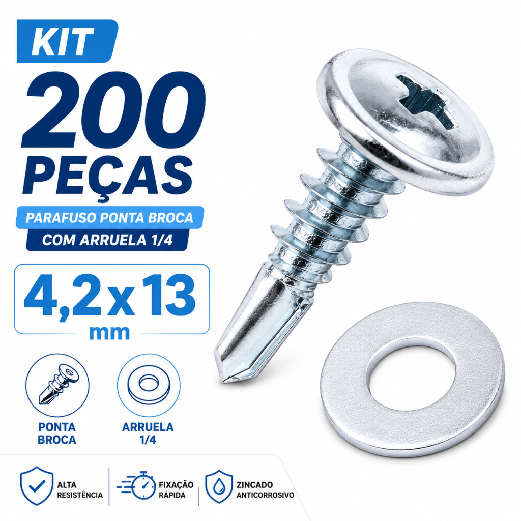 Kit Parafuso Auto Brocante Flangeado 4,2x13 Com Arruela Para Chapa Metal 200 peças
