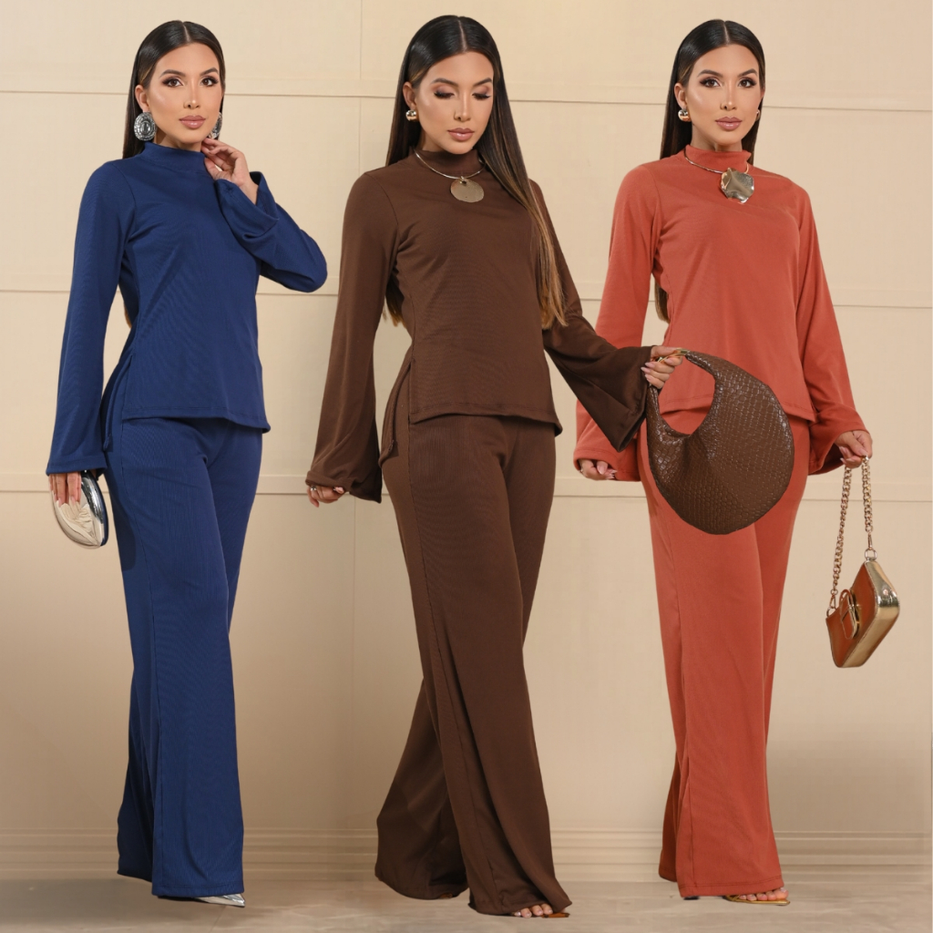 Conjunto Feminino Blusa Gola Alta Manga Longa Flare Mais Calça Pantalona Elegante Inverno ...