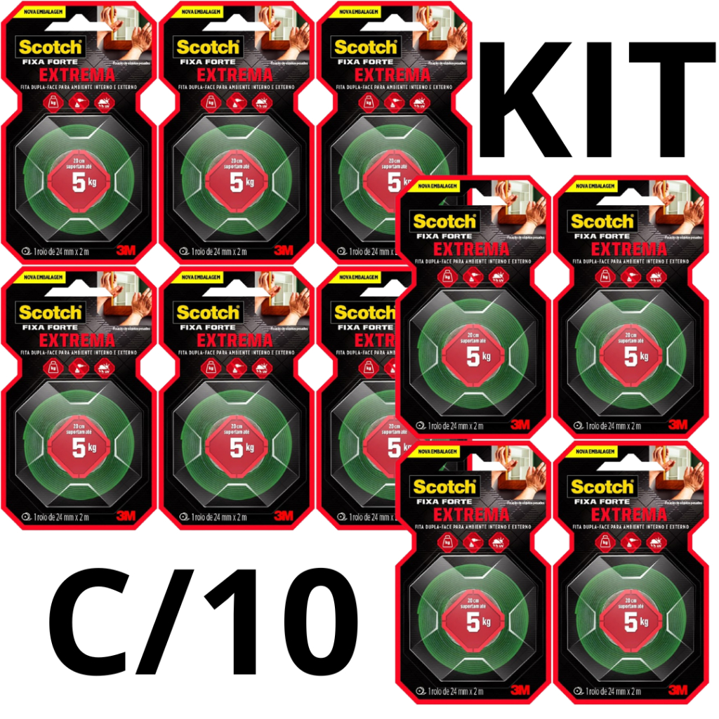KIT 10 FITAS Scotch, 3M, Fixa Forte, Fita Dupla Face, Fixação Extrema, 24mm x 2m