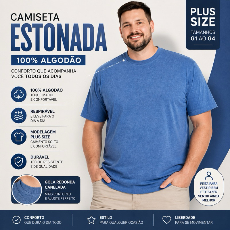 Camiseta Plus Size G1 ao G4 100% algodão Estonada Premium