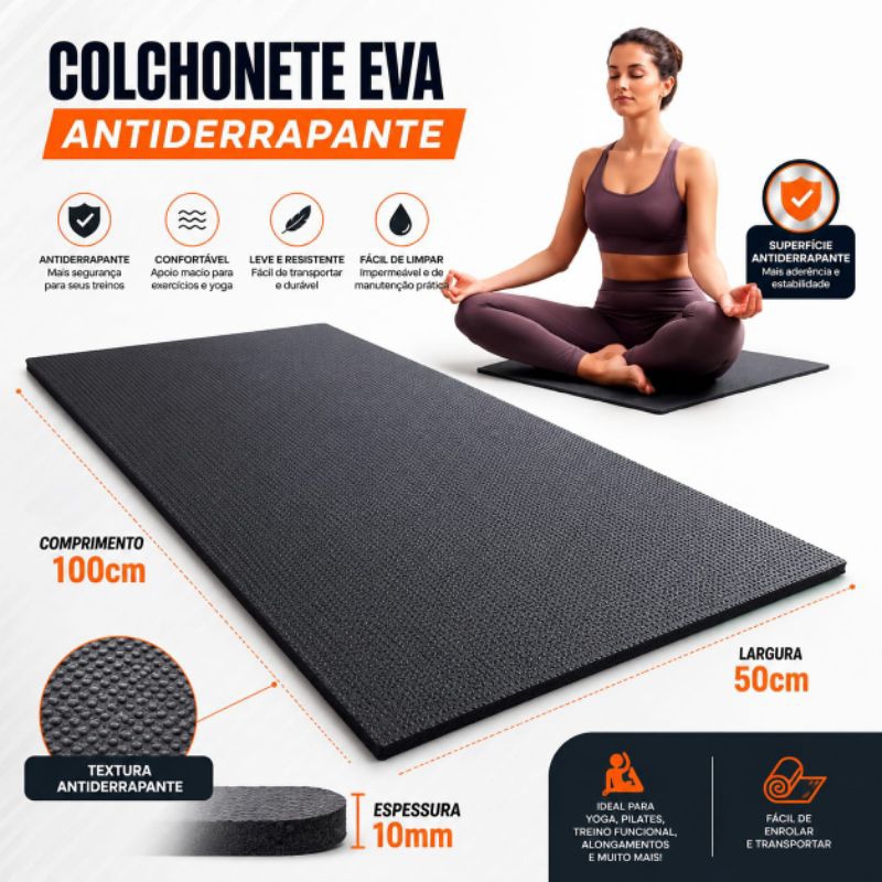 Colchonete EVA 100x50x10mm Preto Antiderrapante Confortável e Resistente para Yoga, Pilates e Treino Funcional
