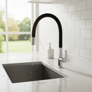 Torneira Gourmet Flexível Cozinha Aço Inox Metal Mesa Bancada Parede Tubo Preto 1/4 Volta…
