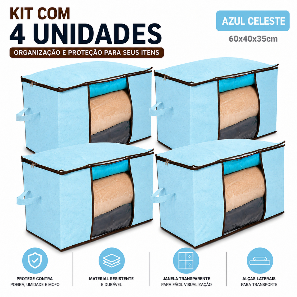 Kit 4 Caixas Organizadoras 60X40X35 Grande Roupas Cobertas TNT Com Tampa Anti-Poeira Multiuso — imagem 2 de 2