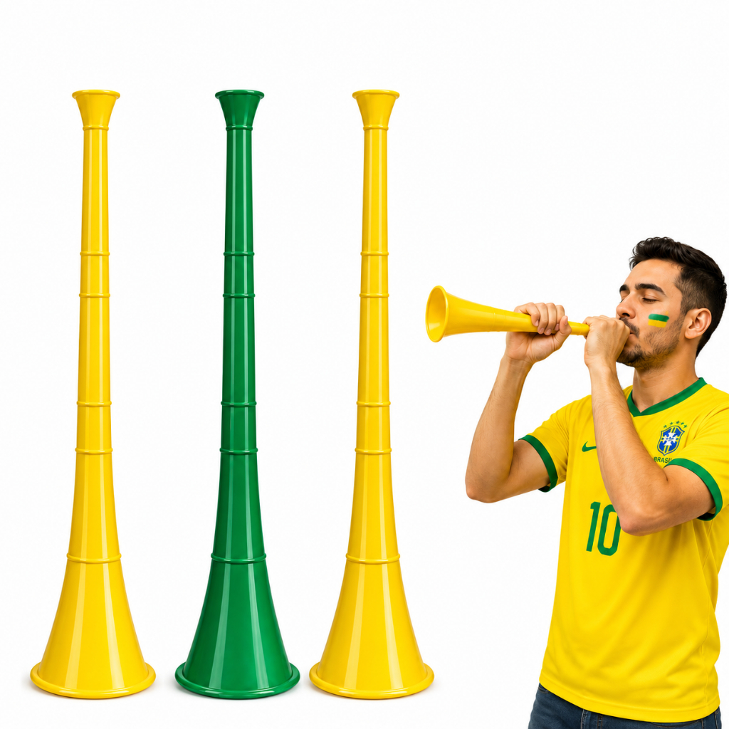 Kit com 3 Cornetão Vuvuzela Grande Copo do Mundo Verde e Amarela.