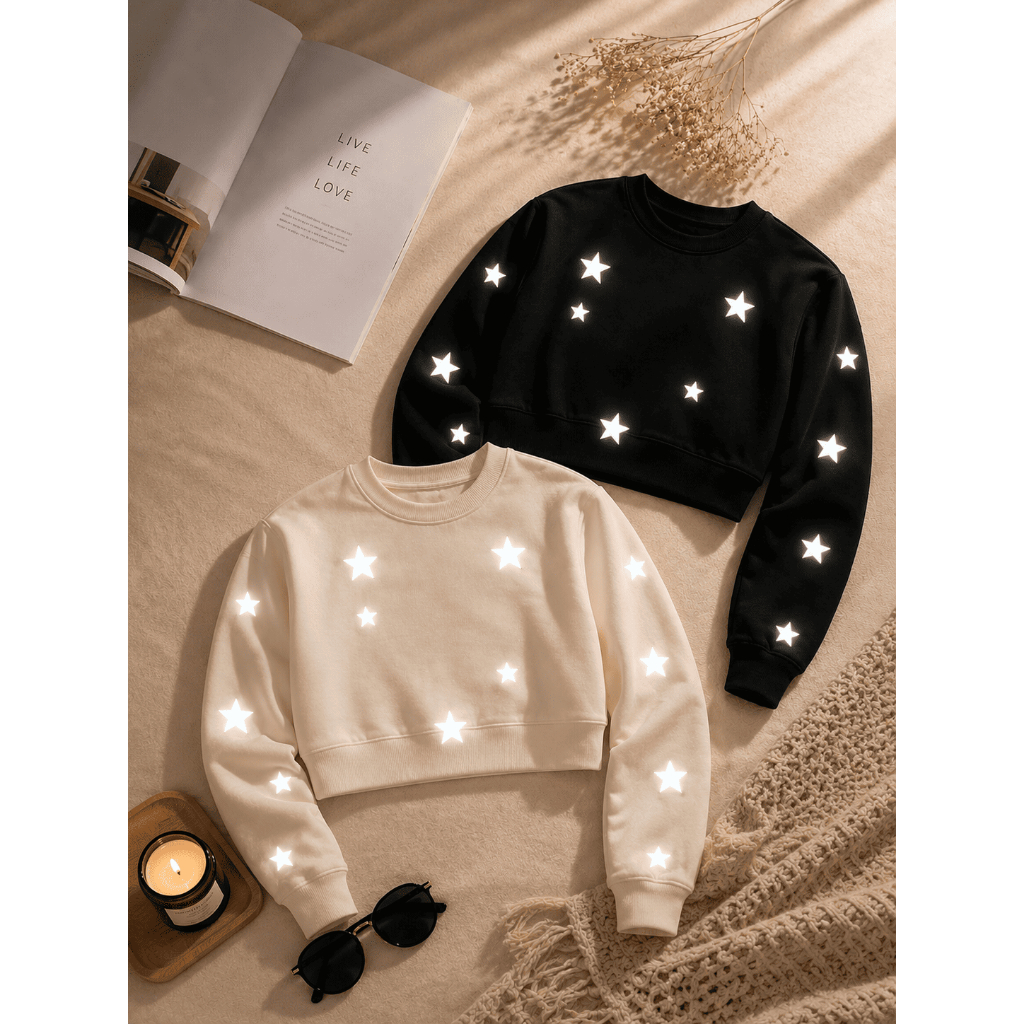 Moletom Cropped estampa brilhante refletiva estrela Premium exclusivo tendência quentinho